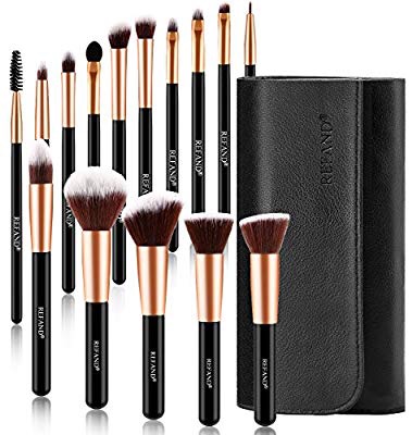 Refand Makeup Brushes Premium Makeup Brush Set Professional Makeup Kit with Pu Leather Storage Bag Rose Gold Black (15 pcs) 化妆刷