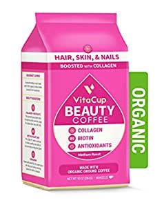 VitaCup Organic Beauty Ground Coffee with Collagen, Biotin, and Vitamin B for Drip Coffee Brewers and French Press, Fair Trade, 10 Ounces