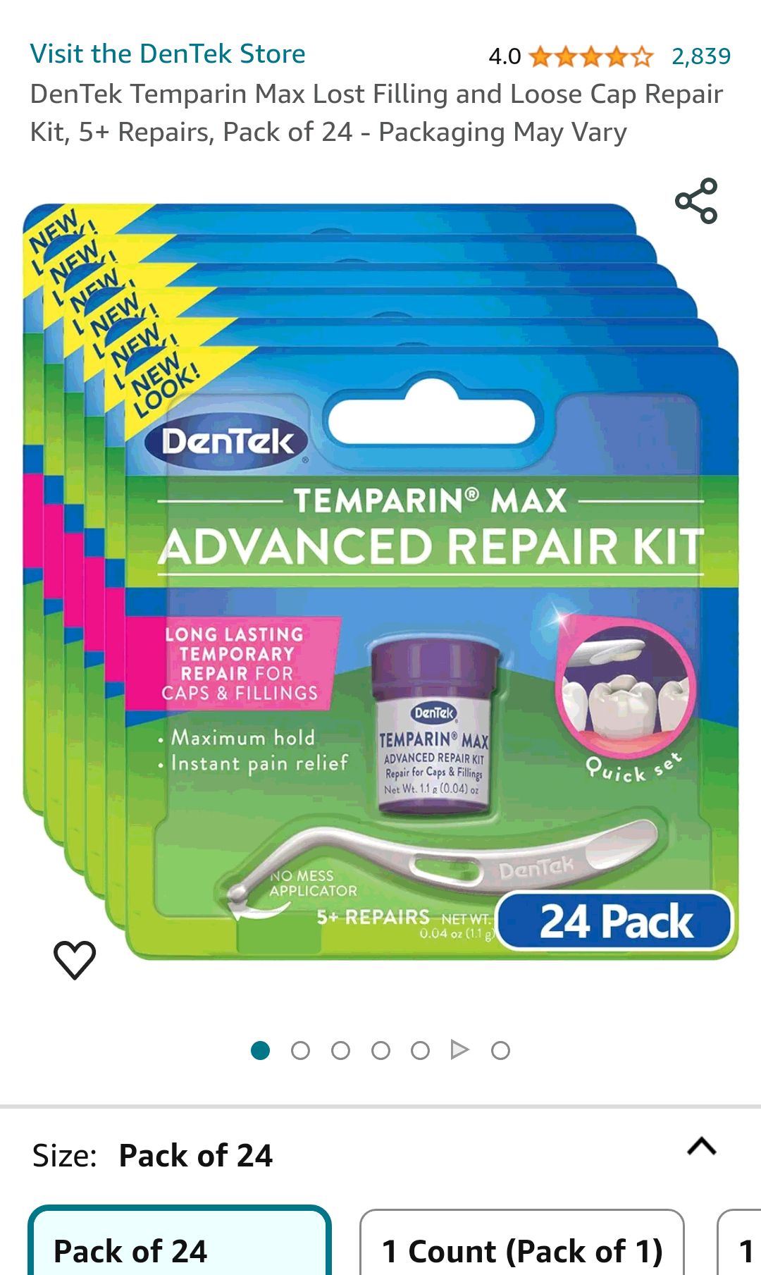 Amazon.com : DenTek Temparin Max Lost Filling and Loose Cap Repair Kit, 5+ Repairs, Pack of 24 - Packaging May Vary : Health & Household