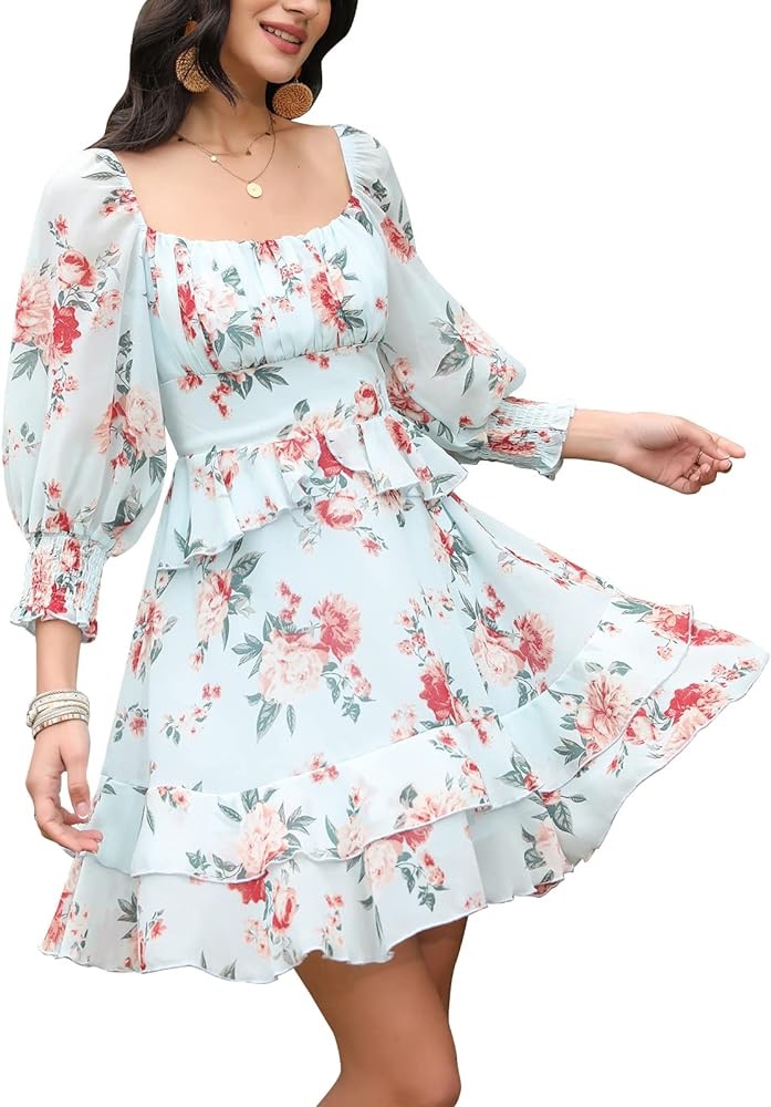 EXLURA Womens Floral Ruffle Sun Dress Sundress Tiered Square Neck Long Sleeve Off Shoulder Smocked Skater Mini Dress Blue at Amazon Women’s Clothing store