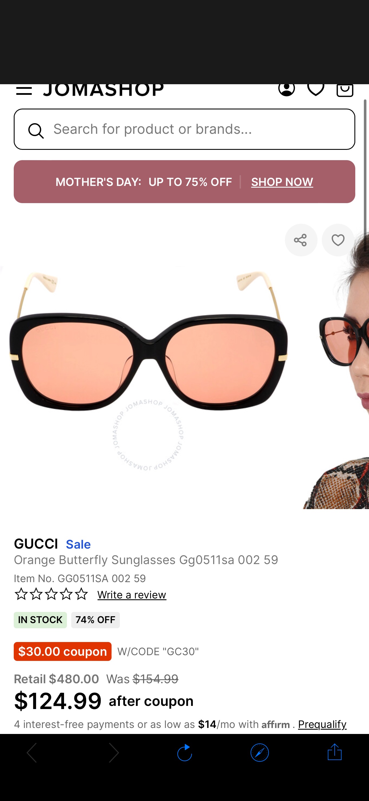Gucci Orange Butterfly Sunglasses Gg0511sa 002 59 GG0511SA 002 59 889652236728 - Sunglasses - Jomashop