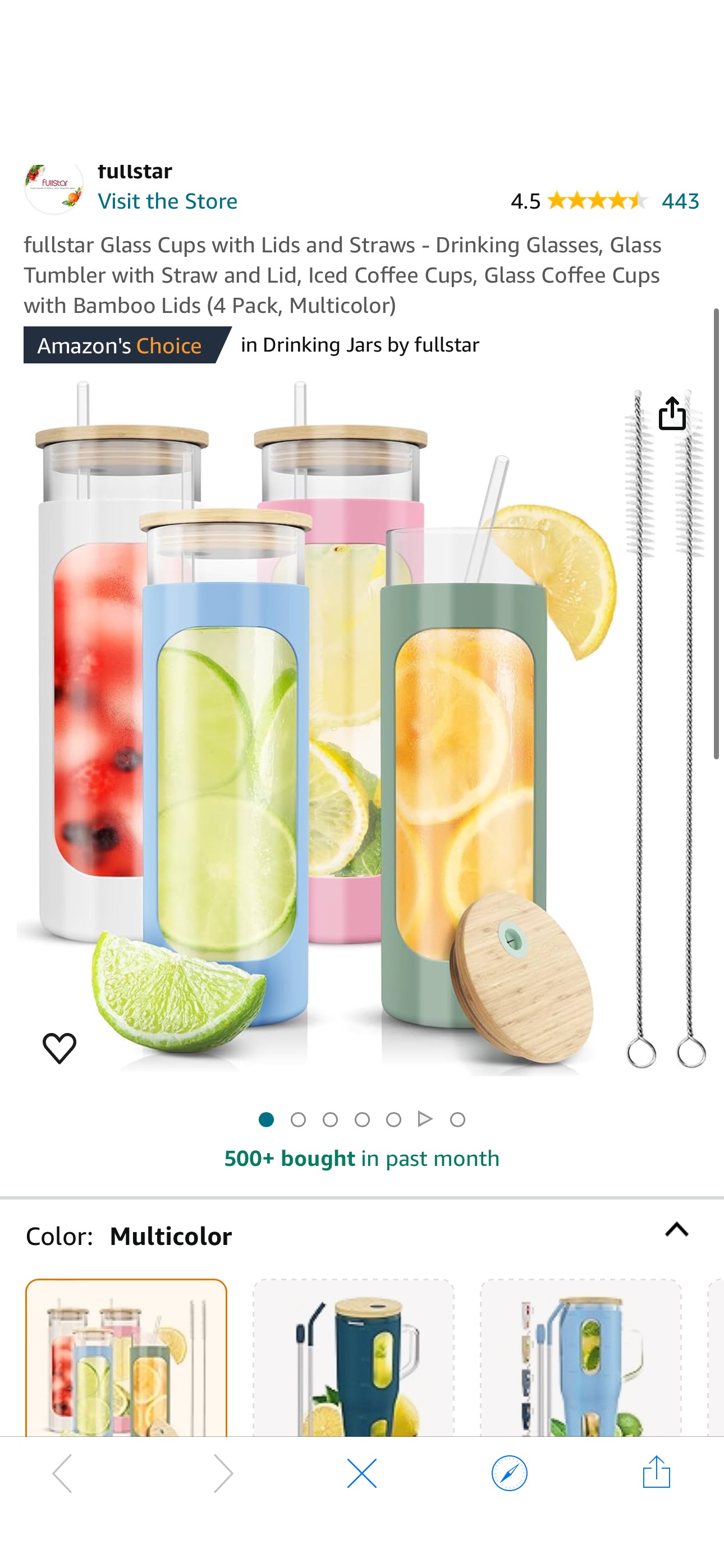 Amazon.com | fullstar Glass Cups with Lids and Straws - Drinking Glasses, Glass Tumbler with Straw and Lid, Iced Coffee Cups, Glass Coffee Cups with Bamboo Lids (4 Pack, Multicolor): Tumblers & Water 
