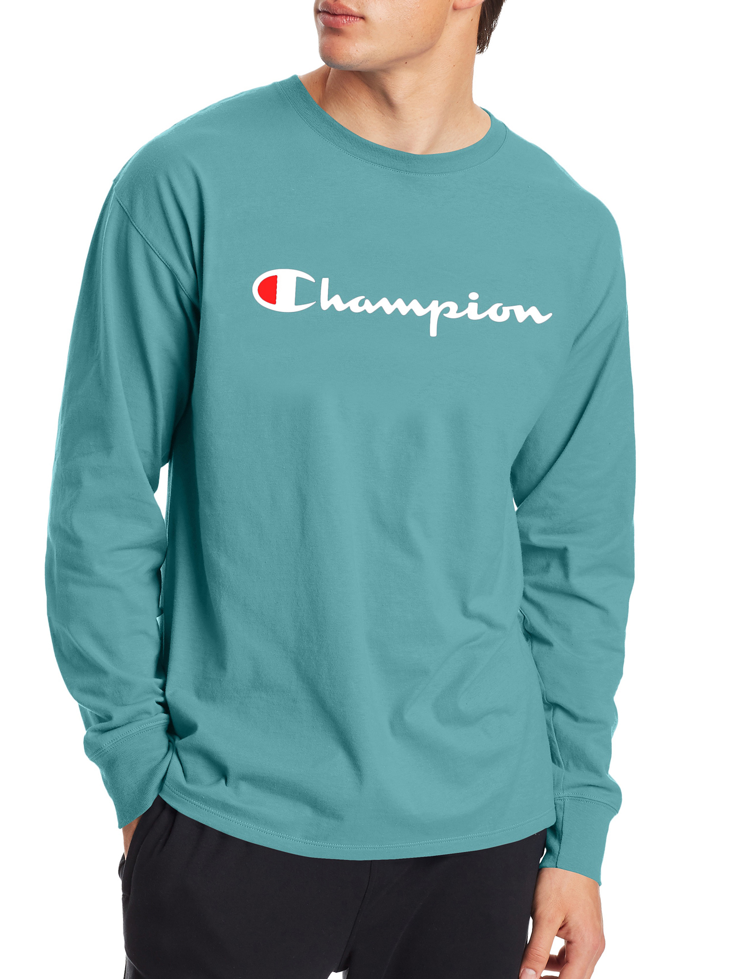 Champion 男士 Script 徽标经典长袖图形 T 恤