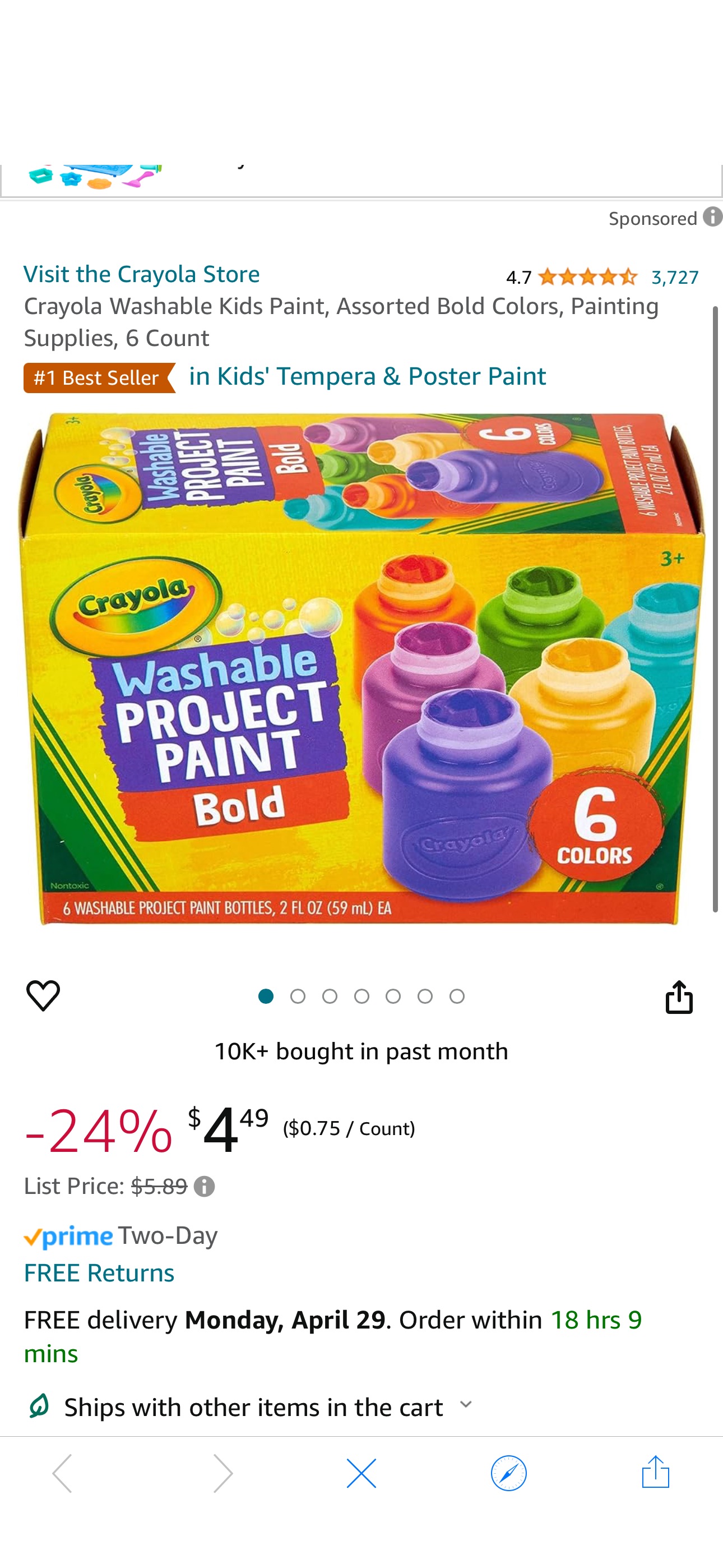 Amazon.com: Crayola Washable Kids Paint, Assorted Bold Colors, Painting Supplies, 6 Count : Toys & Games