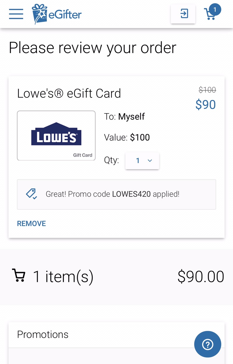 Lowes gift card $90 买价值$100