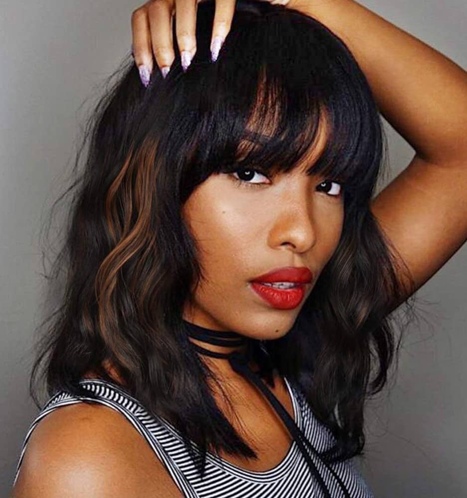 Amazon.com : WAVE&BREEZE 14 Inch Black Mixed Brown Highlights Wigs for Women Short Wavy Curly Wig With Bangs Natural Looking Synthetic Hair Wigs Heat Resistant Fiber Wig for Daily Party (Black Mixed B
