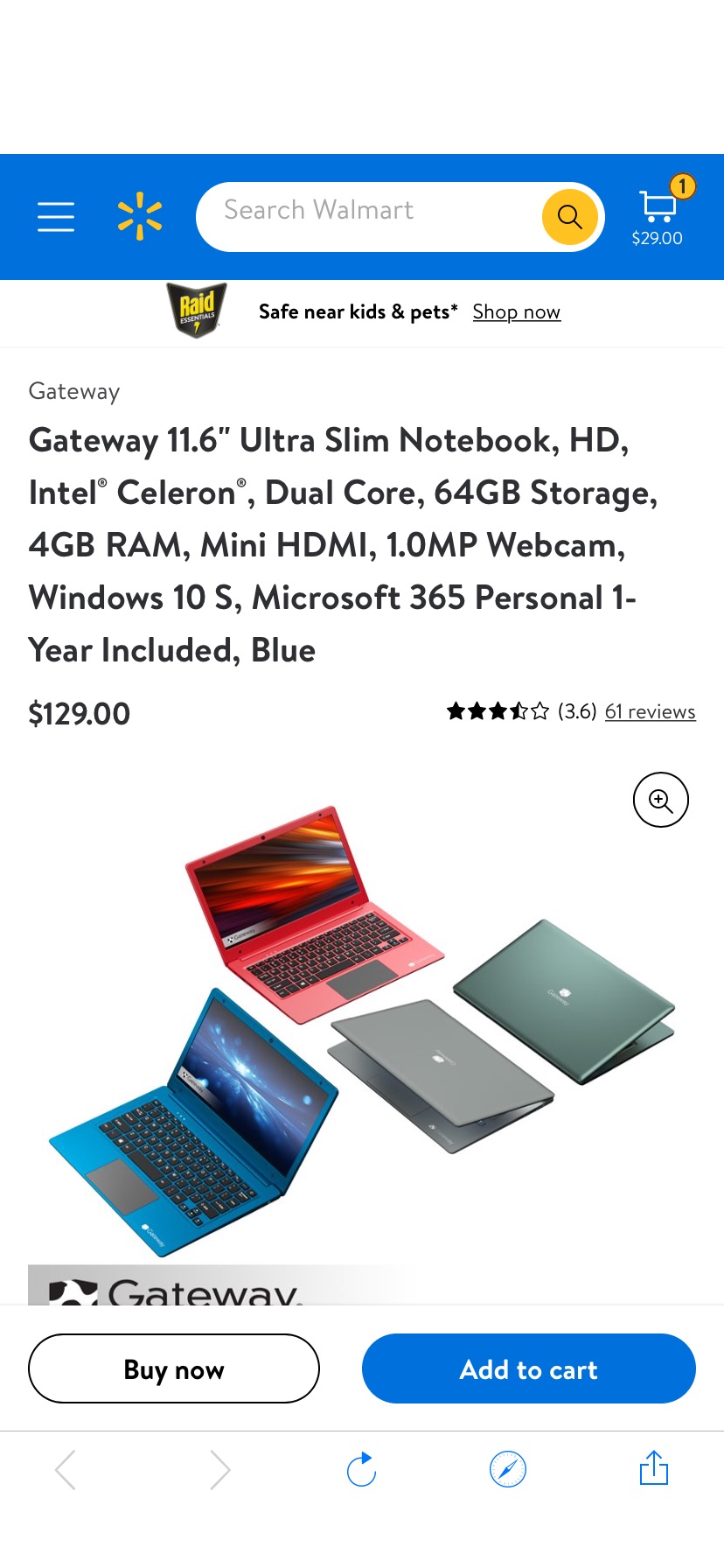 Gateway 11.6" Ultra Slim Notebook, HD, Intel® Celeron®, Dual Core, 64GB Storage, 4GB RAM, Mini HDMI, 1.0MP Webcam, Windows 10 S, Microsoft 365 Personal 1-Year Included, Blue - Walmart.com笔记本电脑