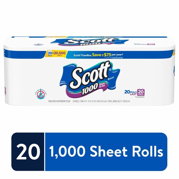 1000 Sheets Per Roll Toilet Paper, 20 Rolls