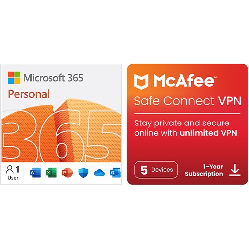 Microsoft 365 Personal 12 Month Auto-Renewal / McAfee Safe Connect VPN Software - antonline.com