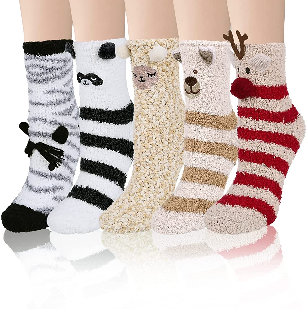 亚马逊Loritta袜子 5 Pairs Womens Fuzzy Socks Cozy Soft Fluffy Cute Cat Animal Winter Warm Slipper Socks Christmas Stocking Stuffers Gifts, Mix Color 11(5 pairs) : Clothing, Shoes & Jewelry