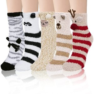 $5.99 亚马逊Loritta袜子 5 Pairs Womens Fuzzy Socks Cozy Soft Fluffy Cute Cat Animal Winter Warm Slipper Socks Christmas Stocking Stuffers Gifts, Mix Color 11(5 pairs) : Clothing, Shoes & Jewelry