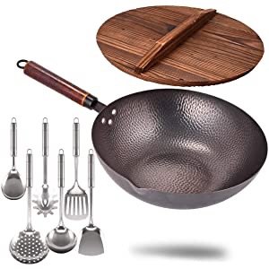 KBT Carbon Steel Wok with Wooden Handle and Lid