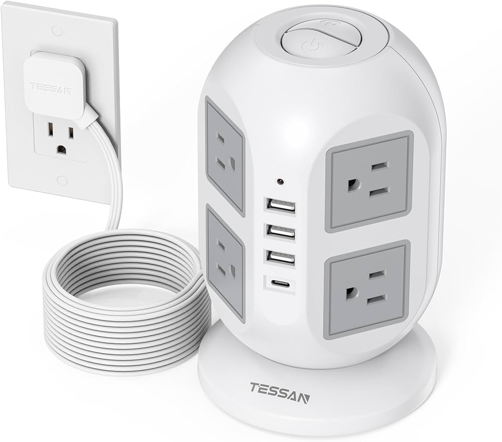 Amazon.com: 塔式电涌保护器电源板 10 英尺、TESSAN 长扁平延长线，带多个插座、8 个 AC 插座和 4 个 USB 端口（1 个 USB C）、带电涌保护的充电站，适用于家庭办公室宿舍：