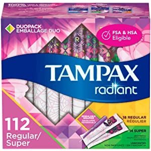 Tampax Radiant Plastic Tampons, Regular/Super Absorbency Duopack, 112 Count, Unscented, 28 Count (Pack of 4)