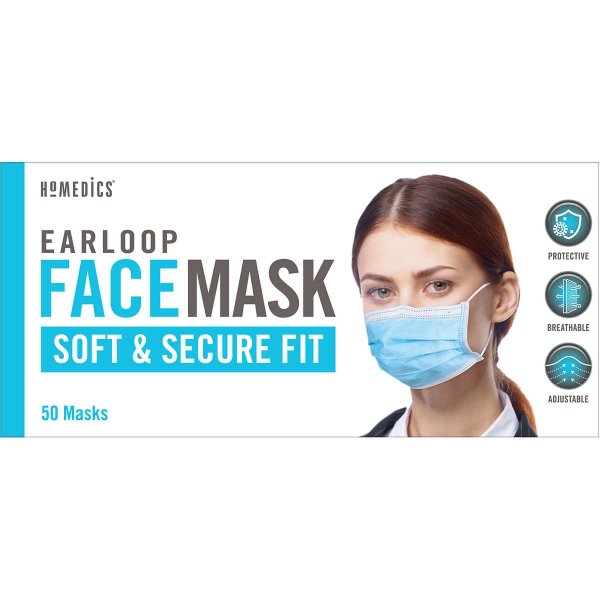 HoMedics Earloop Style General Use Face Mask, 50 Blue Disposable Masks