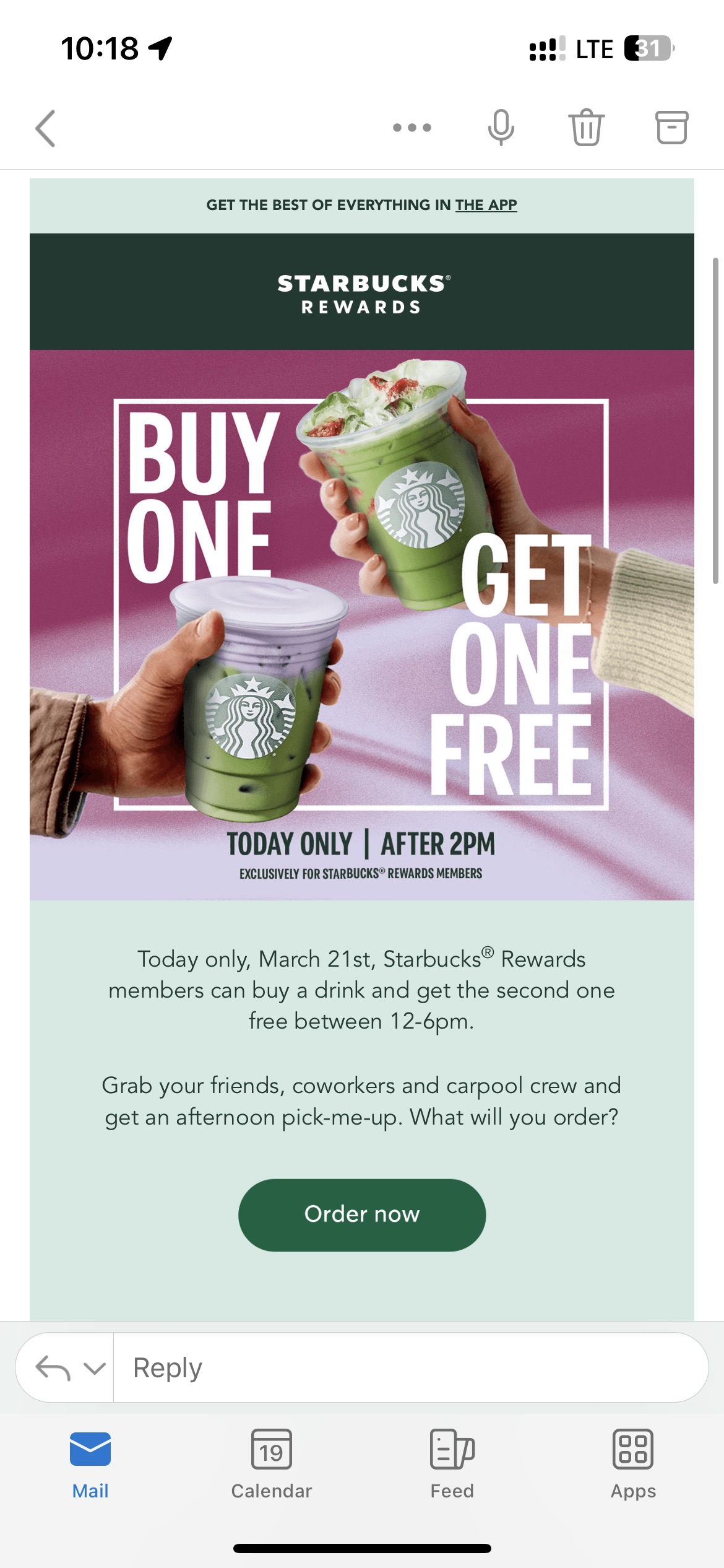 Starbucks Buy 1, get 1 FREE between 12-6pm!