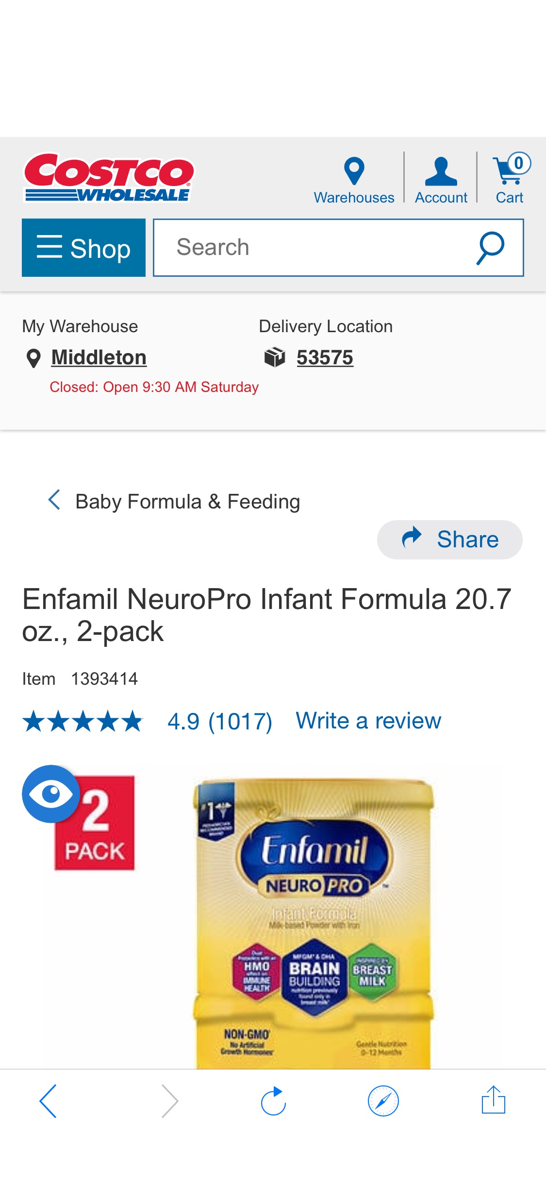 Enfamil NeuroPro奶粉补货 Infant Formula 20.7 oz., 2-pack | Costco