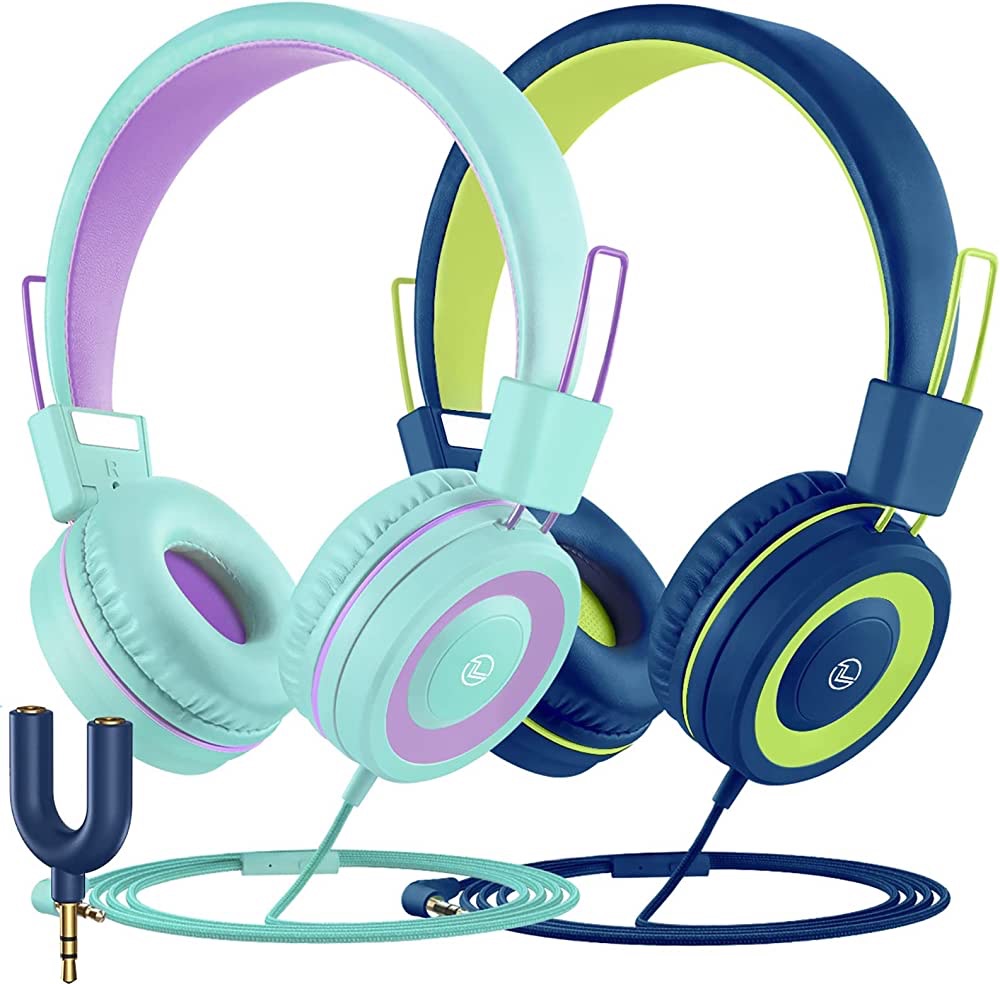 VotYoung 儿童耳机带麦克风，带 91dB 音量限制和共享分配器的有线儿童耳机，适合儿童女孩男孩，高清立体声入耳式耳机，适用于 iPad/Fire 平板电脑/旅行（2 件装）