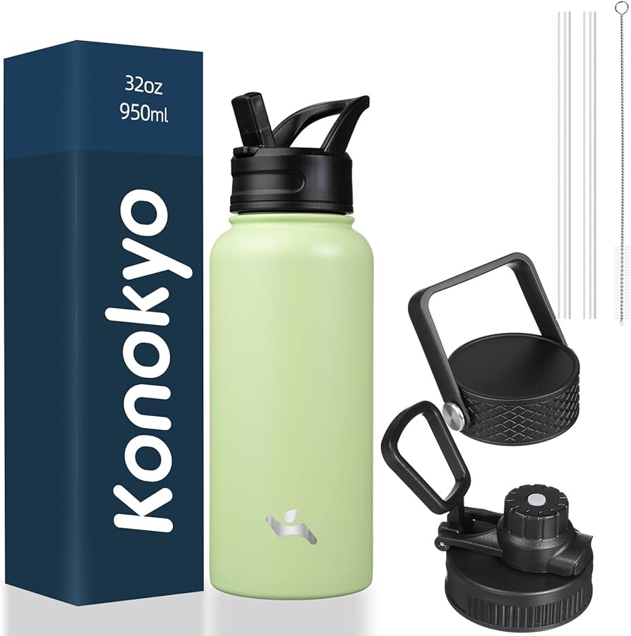 Amazon.com: Konokyo Insulated Water Bottle with Straw,32oz 3 Lids Metal Bottles Stainless Steel Water Flask,Macaron Green: Home & Kitchen