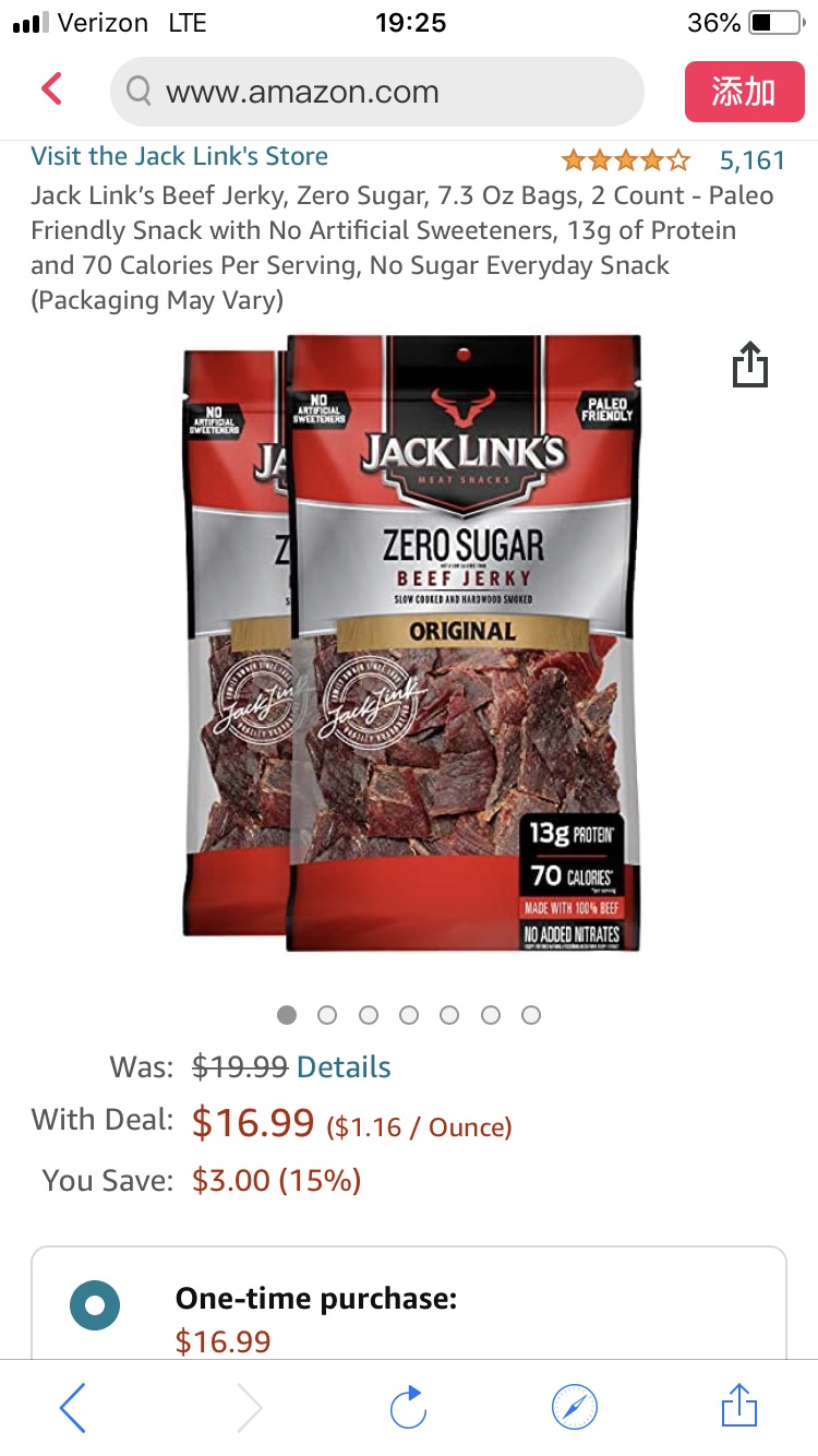 Jack Link’s Beef Jerky, Zero Sugar, 7.3 Oz Bags, 2 Count - Paleo Friendly Snack with No Artificial Sweeteners, 13g of Protein and 70 Calories Per Serving, No Sugar 牛肉干