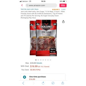 $16.99 Jack Link’s Beef Jerky, Zero Sugar, 7.3 Oz Bags, 2 Count - Paleo Friendly Snack with No Artificial Sweeteners, 13g of Protein and 70 Calories Per Serving, No Sugar 牛肉干