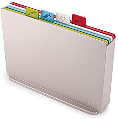 Joseph Joseph 60134 Index Plastic Cutting Board Set with Storage Case Color-Coded Dishwasher-Safe Non-Slip, Large, Silver 四合一生熟分离菜板