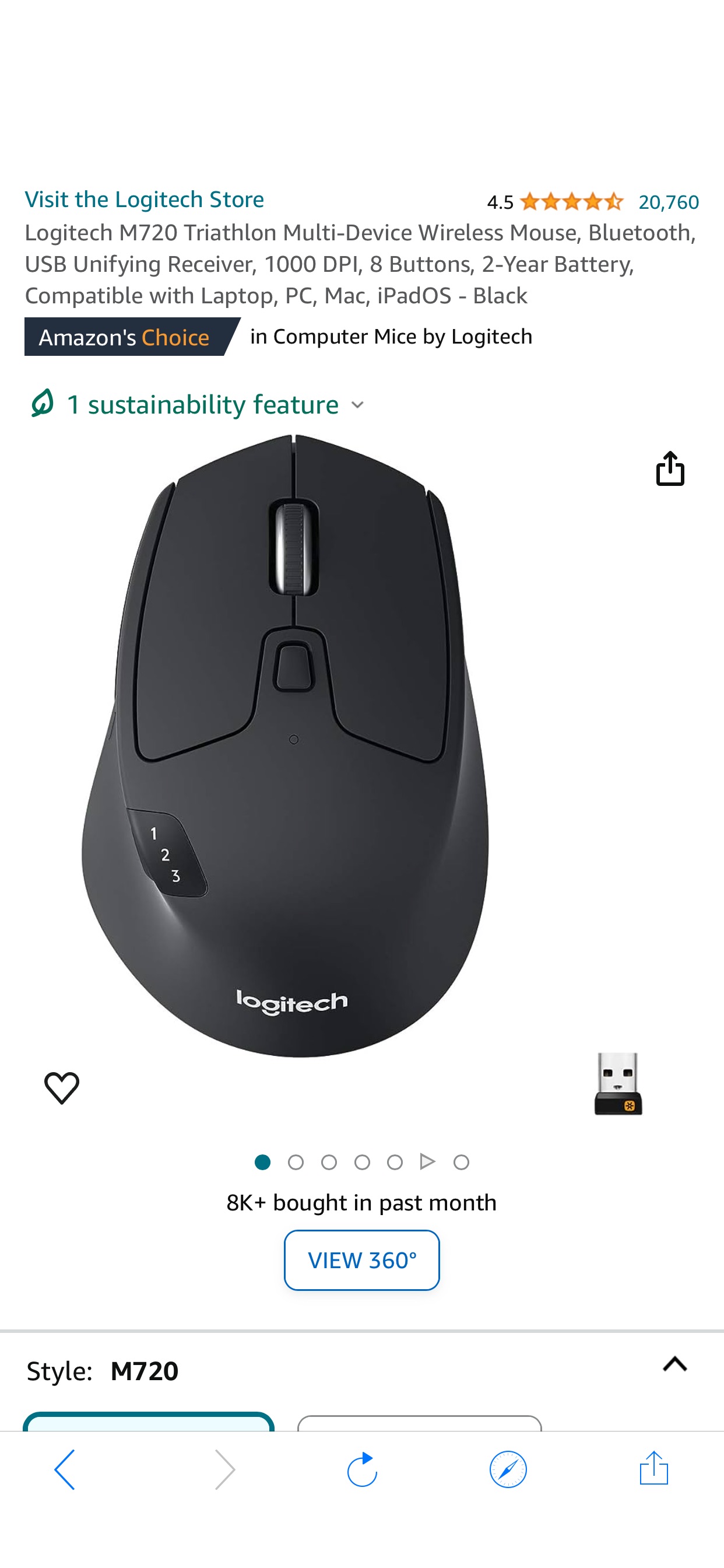 Amazon.com: Logitech M720 Triathlon Multi-Device Wireless Mouse, Bluetooth, USB Unifying Receiver, 1000 DPI, 8 Buttons, 2-Year Battery, Compatible with Laptop, PC, Mac, iPadOS - Black : Electronics 罗技