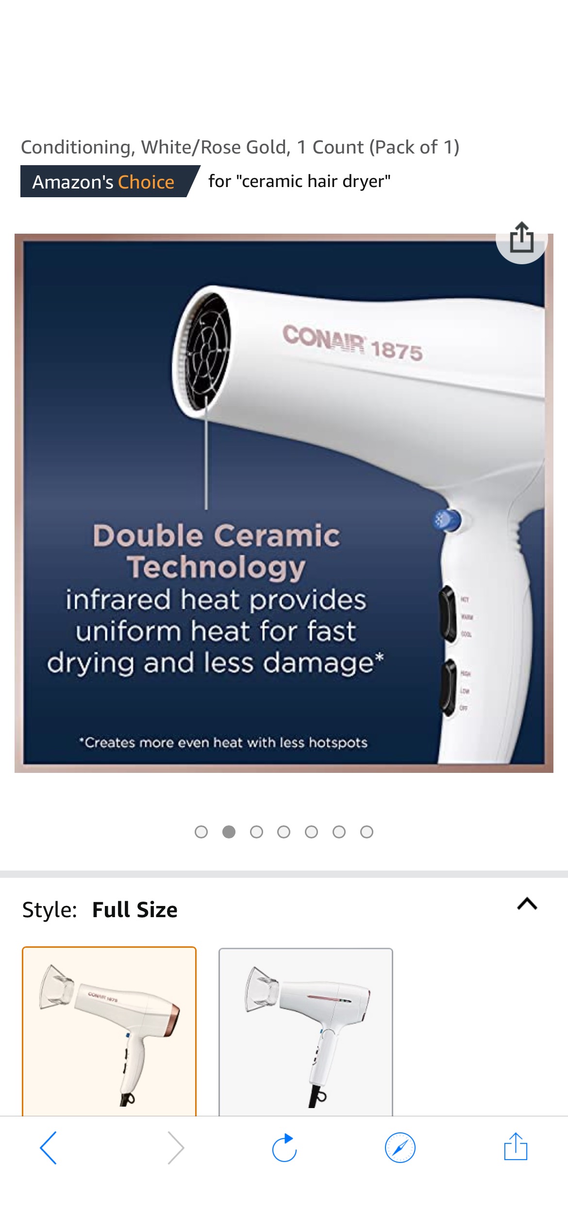 Amazon.com : Conair 1875 Watt Double Ceramic Hair Dryer with Ionic Conditioning, White/Rose Gold, 1 Count (Pack of 1) : Beauty & Personal Care 吹风机