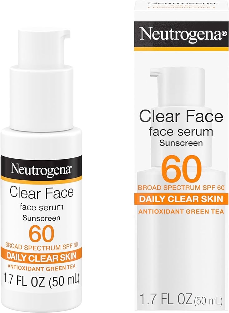 Amazon.com: Neutrogena Clear Face Serum Sunscreen with Green Tea, Broad Spectrum SPF 60+, Non-Comedogenic Face Sunscreen for Lightweight UVA/UVB Protection, Oxybenzone- & Fragrance-Free, 1.7 fl. oz : 