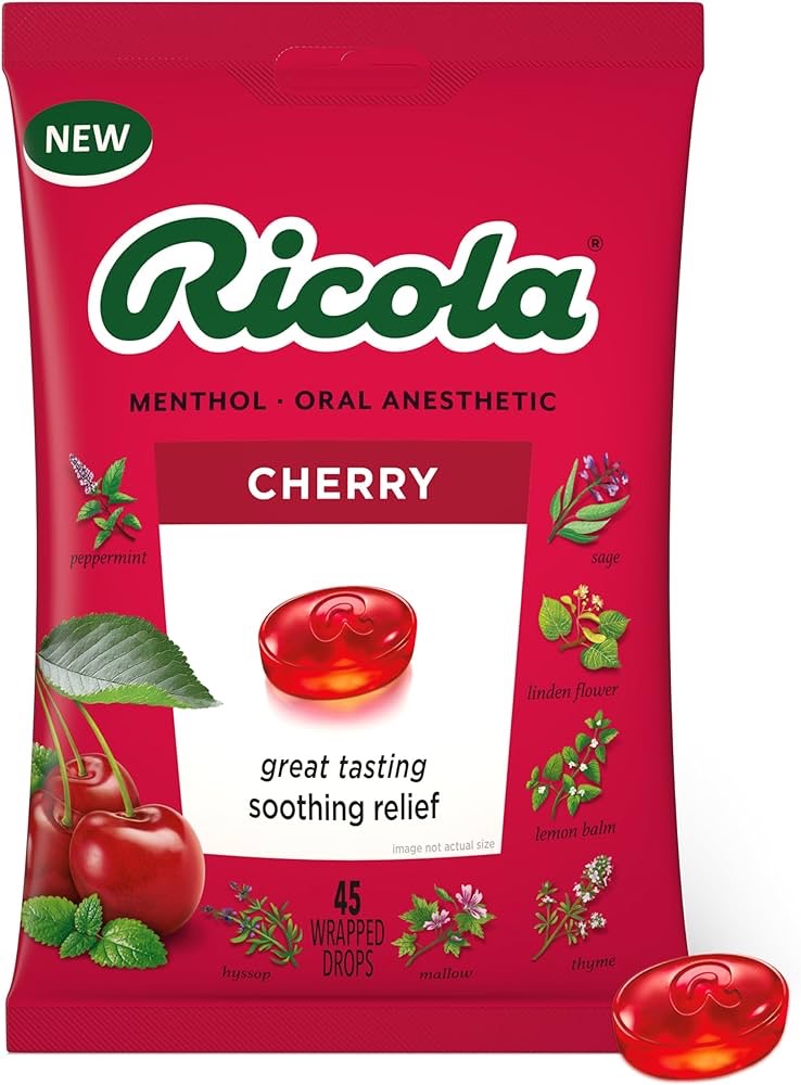 Amazon.com: Ricola 樱桃润喉滴剂，45 滴，每日滴用，可清新喉咙，口腔麻醉，天然口味