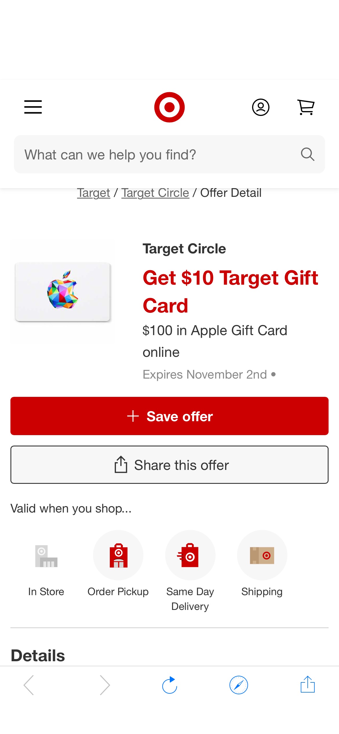 Target Circle Offer：苹果礼卡满100送10target礼卡