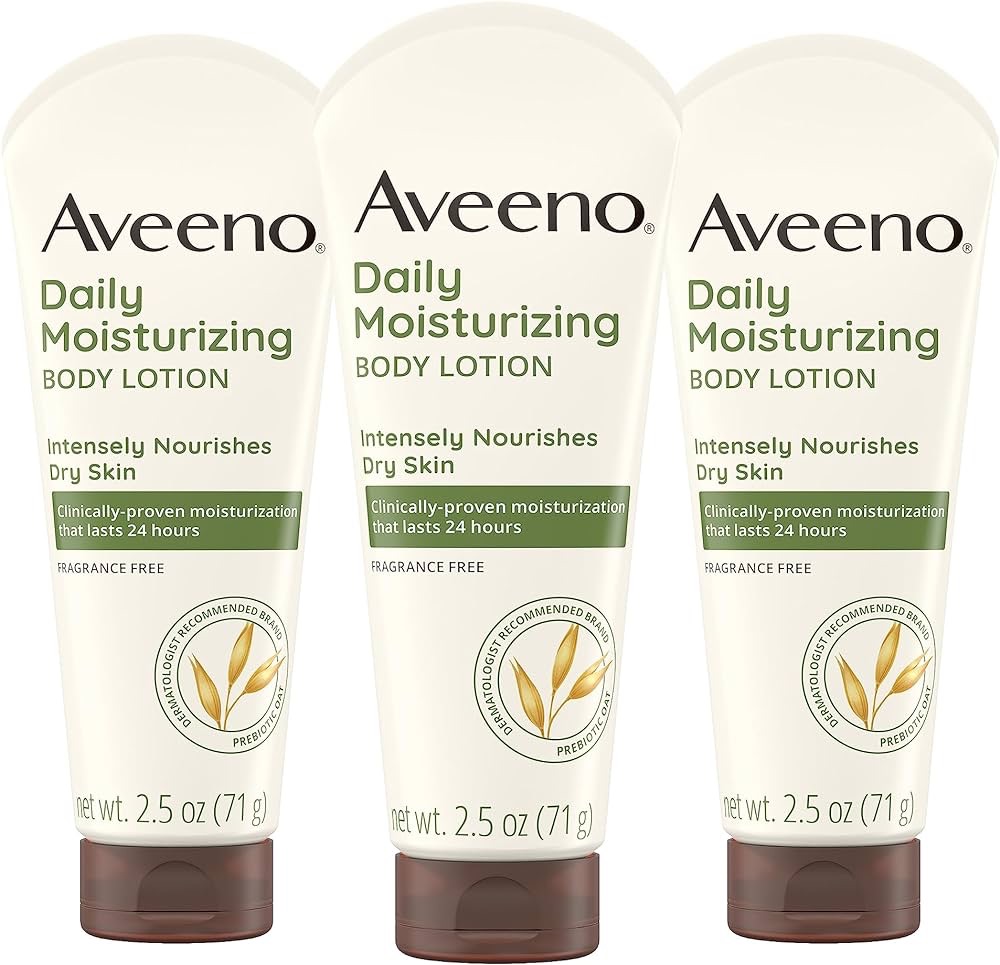 Amazon.com : Aveeno Daily Moisturizing Body Lotion, Gentle Lotion Nourishes Dry Skin With Moisture, Soothing Prebiotic Oat, Fragrance-Free, Non-Comedogenic, Travel-Size, Pack of Three, 3 x 2.5 fl. oz 