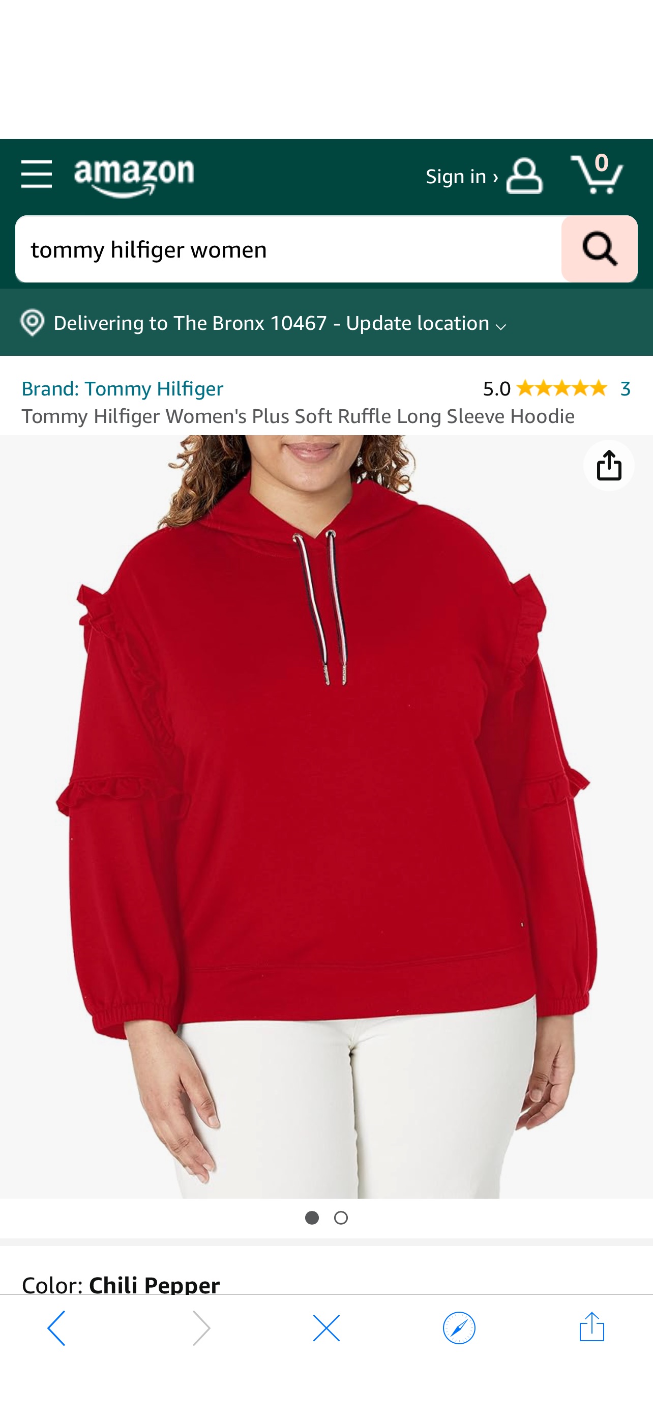 Tommy Hilfiger Women's Plus Soft Ruffle Long Sleeve Hoodie, Chili Pepper at Amazon Women’s Clothing store