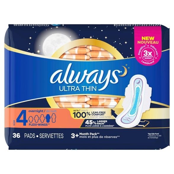 Always Ultra Thin Overnight Pads With Wings - Unscented - Size 4 - 36ct : Target