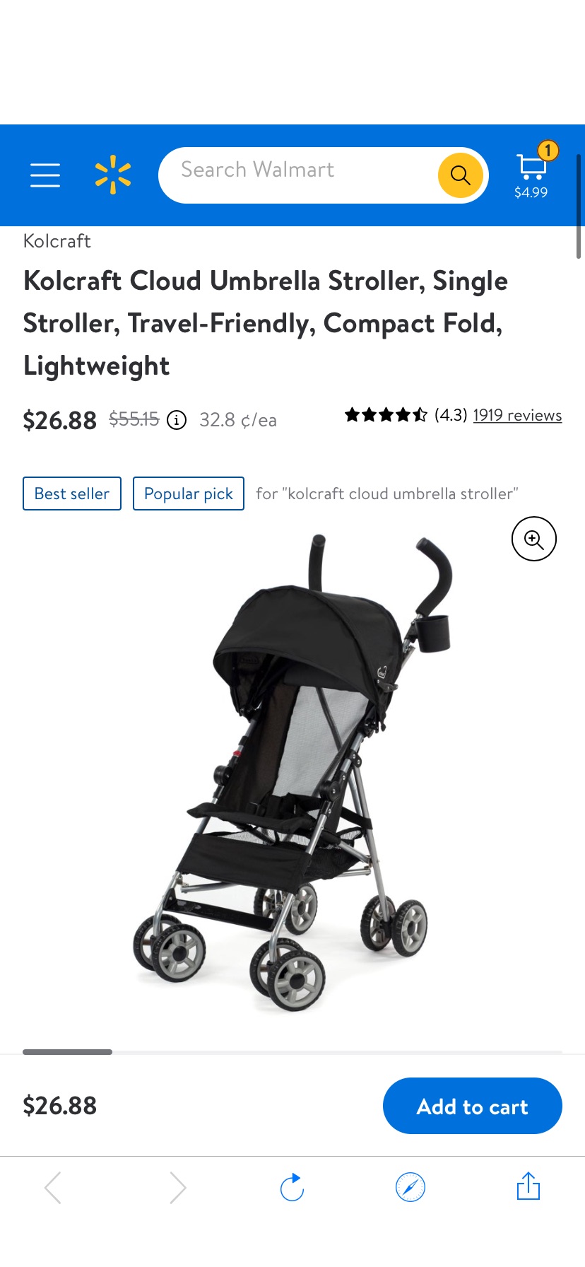 Kolcraft Cloud Umbrella Stroller, Single Stroller, Travel-Friendly, Compact Fold, Lightweight - Walmart.com手推车