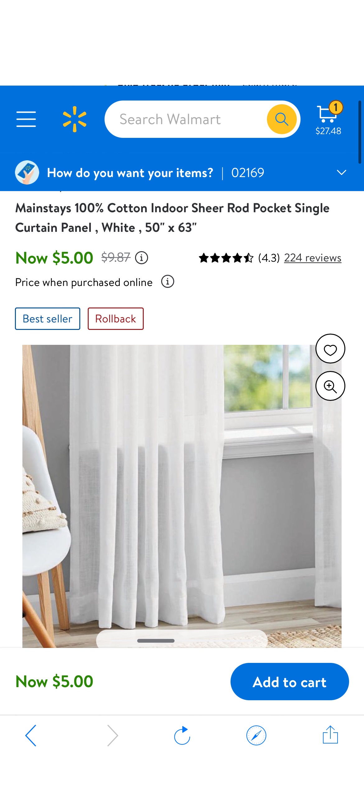 Mainstays 100% Cotton Indoor Sheer Rod Pocket Single Curtain Panel , White , 50" x 63" - Walmart.com Walmart多款薄窗帘仅$5