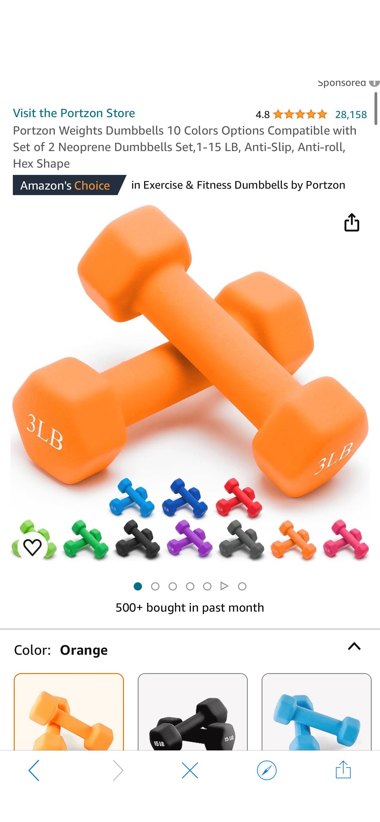 Amazon.com : Portzon Weights Orange Dumbbells with Set of 2 Neoprene Dumbbells Set, 3 LB, Anti-Slip, Anti-roll, Hex Shape : Sports & Outdoors 哑铃一对