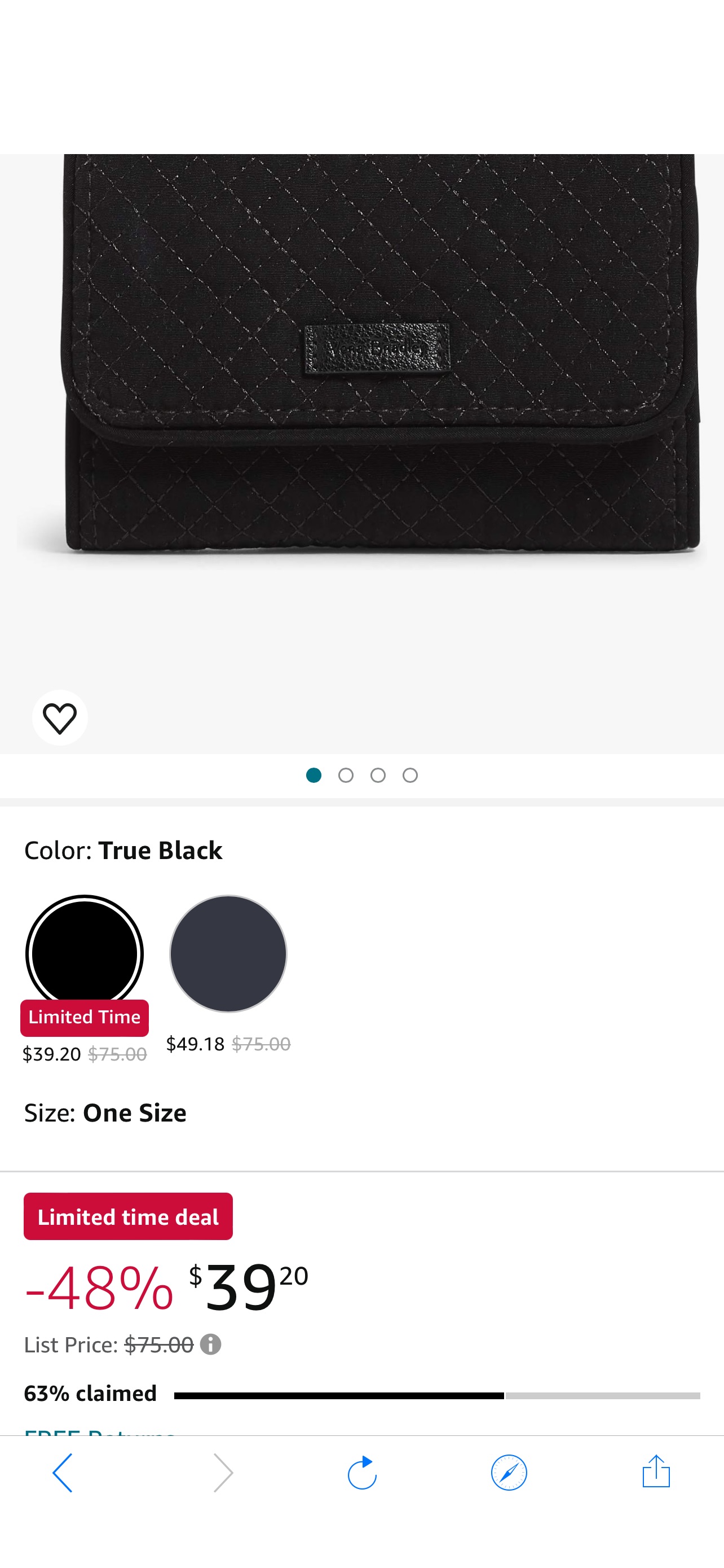 钱包Vera Bradley Women's Microfiber Riley Compact Wallet With RFID Protection, True Black, One Size : Clothing, Shoes & Jewelry