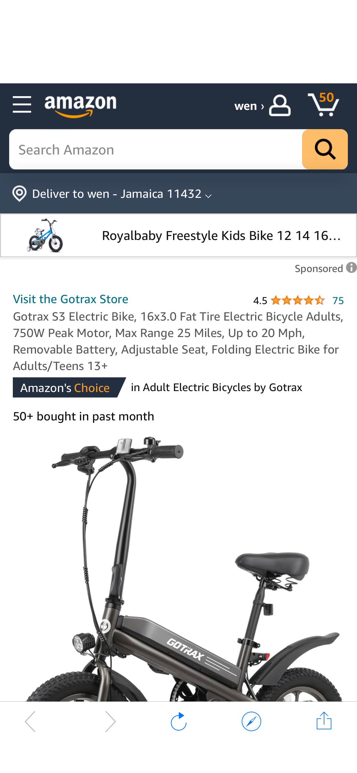 Amazon.com : Gotrax S3 Electric Bike, 16x3.0 Fat Tire Electric Bicycle Adults, 750W Peak Motor, Max Range 25 Miles, Up to 20 Mph, Removable Battery, Adjustable Seat, Folding Electric Bike for Adults/T