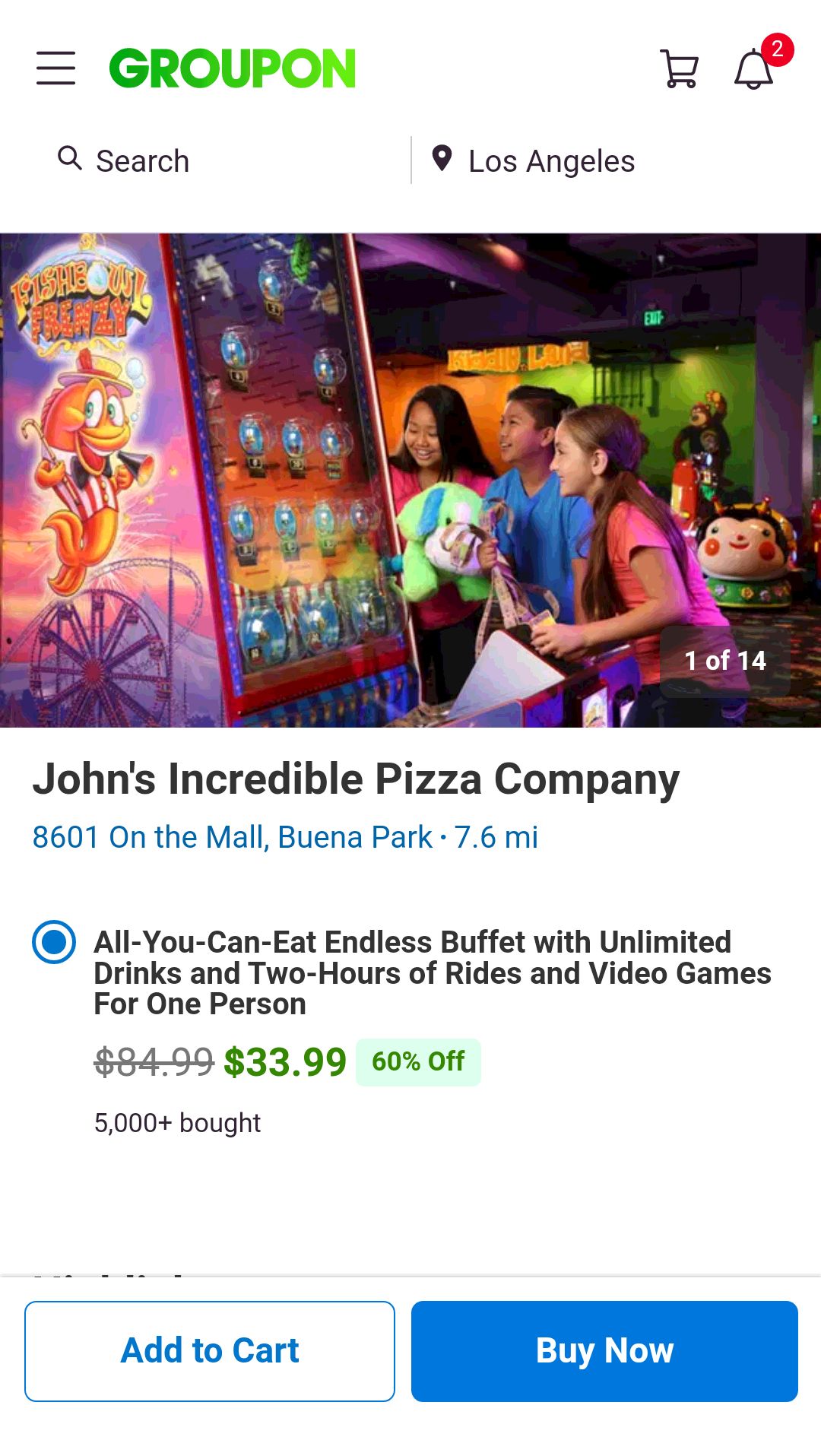John's incredible pizza自助餐加免费饮料再加2小时畅玩游艺机