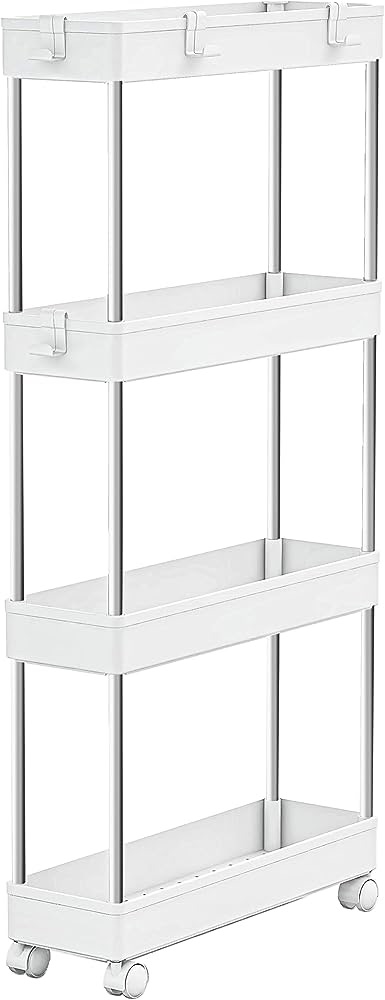 Amazon.com: MELDEVO 4 Tier Slim Storage Cart Mobile Shelving Unit Organizer Slide Out Storage Rolling Utility Cart Tower Rack for Kitchen Bathroom Laundry Narrow Places, Plastic & Stainless Steel, Whi