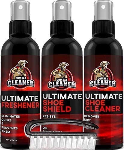 Shoe Cleaner Kit | Shoe Cleaner + Shoe Deodorizer Spray + Shoe Shield + Brush | Used for Sneakers, Tennis Shoes, Leather, & Suede | by Combat Cleaner