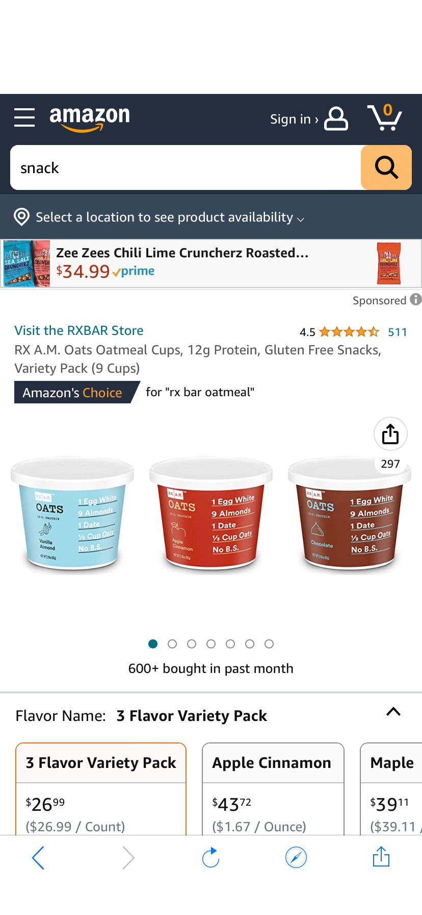 蛋白营养燕麦杯Amazon.com : RX A.M. Oats Oatmeal Cups, 12g Protein, Gluten Free Snacks, Variety Pack (9 Cups) : Everything Else