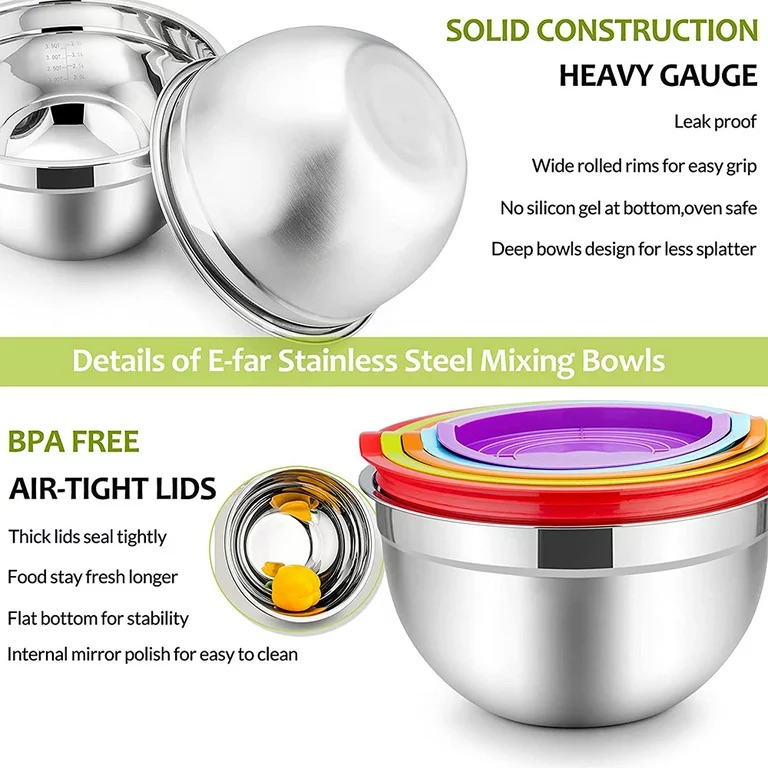 Mixing Bowls with Lids Set of 5, Vesteel Stainless Steel Mixing Bowls Metal Nesting Salad Bowls, Size 4.5, 3, 1.5, 1, 0.7 QT Great for Cooking, Baking, Serving - Multi-Color - Walmart.com
