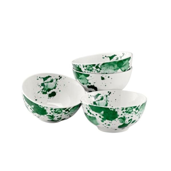 烤瓷碗四只Over and Back 15 oz. Green Porcelain Ink Spot Bowl (Set of 4)-902514 - The Home Depot