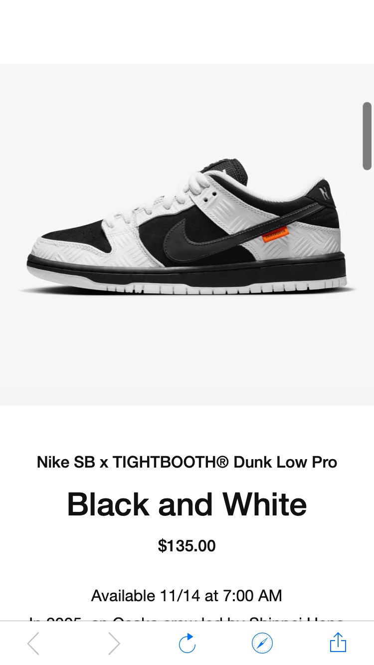 Nike SB x TIGHTBOOTH®︎ Dunk Low Pro 'Black and White' (FD2629-100) Release Date. Nike SNKRS 预告11/14上新