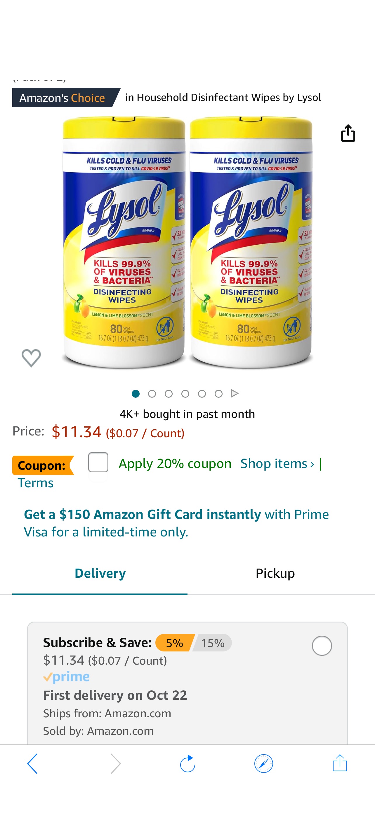 Amazon.com: Lysol Disinfectant Wipes Multi-Surface Antibacterial Cleaning Wipes For Disinfecting and Cleaning Lemon and Lime Blossom 80 Count (Pack of 2) : Health & Household消毒湿巾