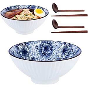 NJCharms 日式陶瓷拉面碗2个 配木勺木筷