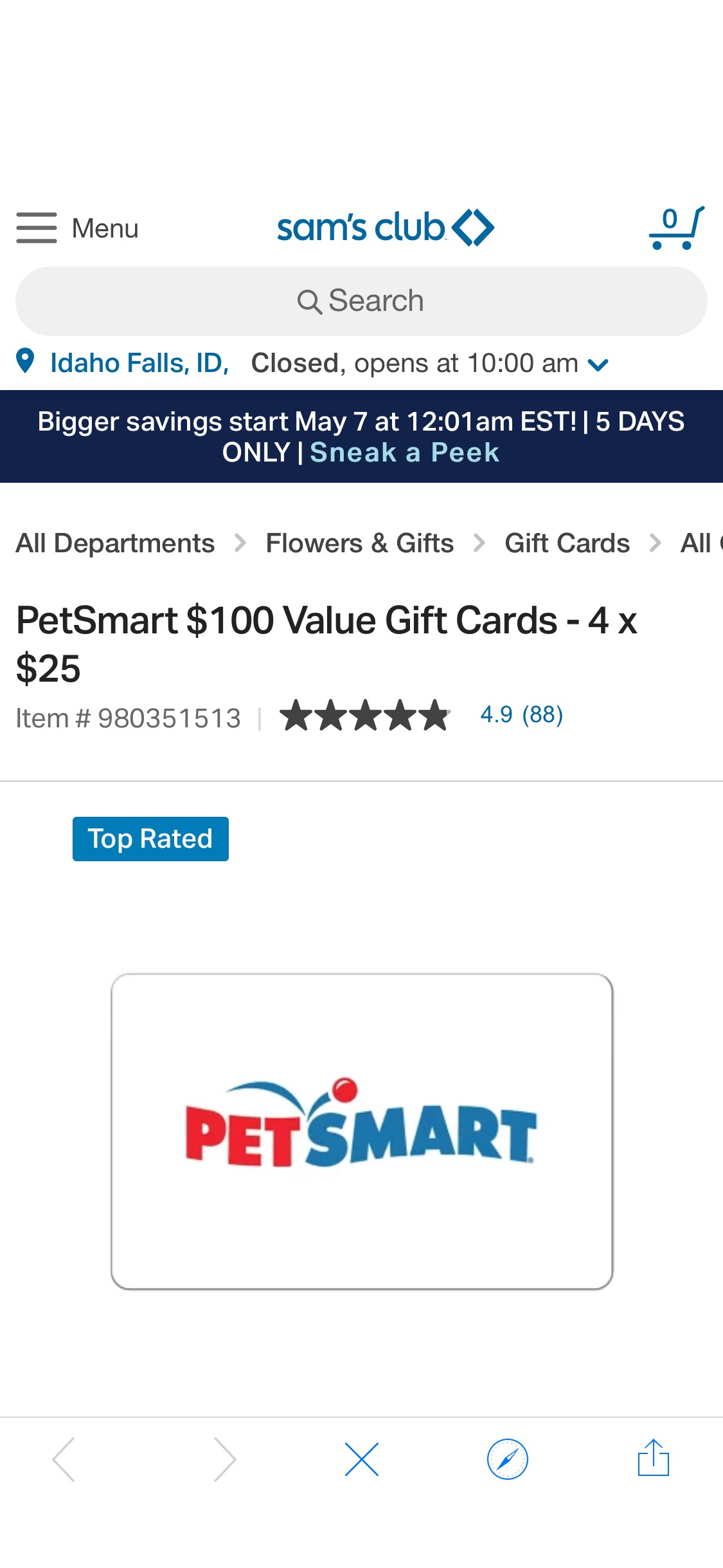 Sam’s Club PetSmart $100 Value Gift Cards 8折