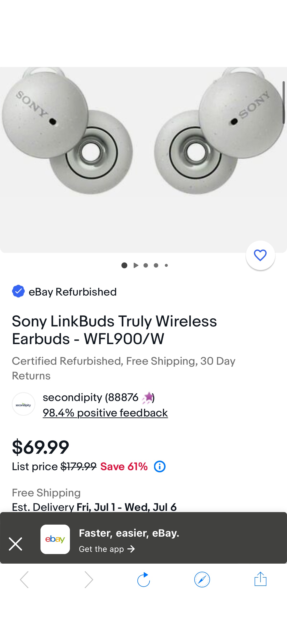 Sony LinkBuds Truly Wireless Earbuds - WFL900/W 27242923010 | eBay